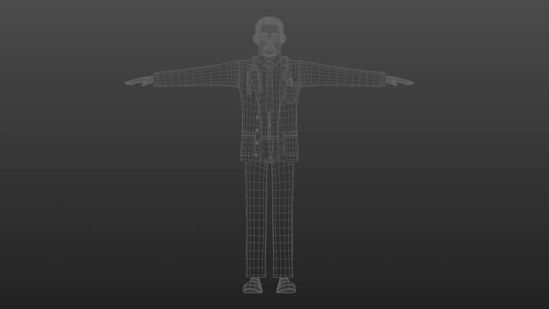 Cartoon Black Doctor Man low-poly quad topology wireframe mesh
